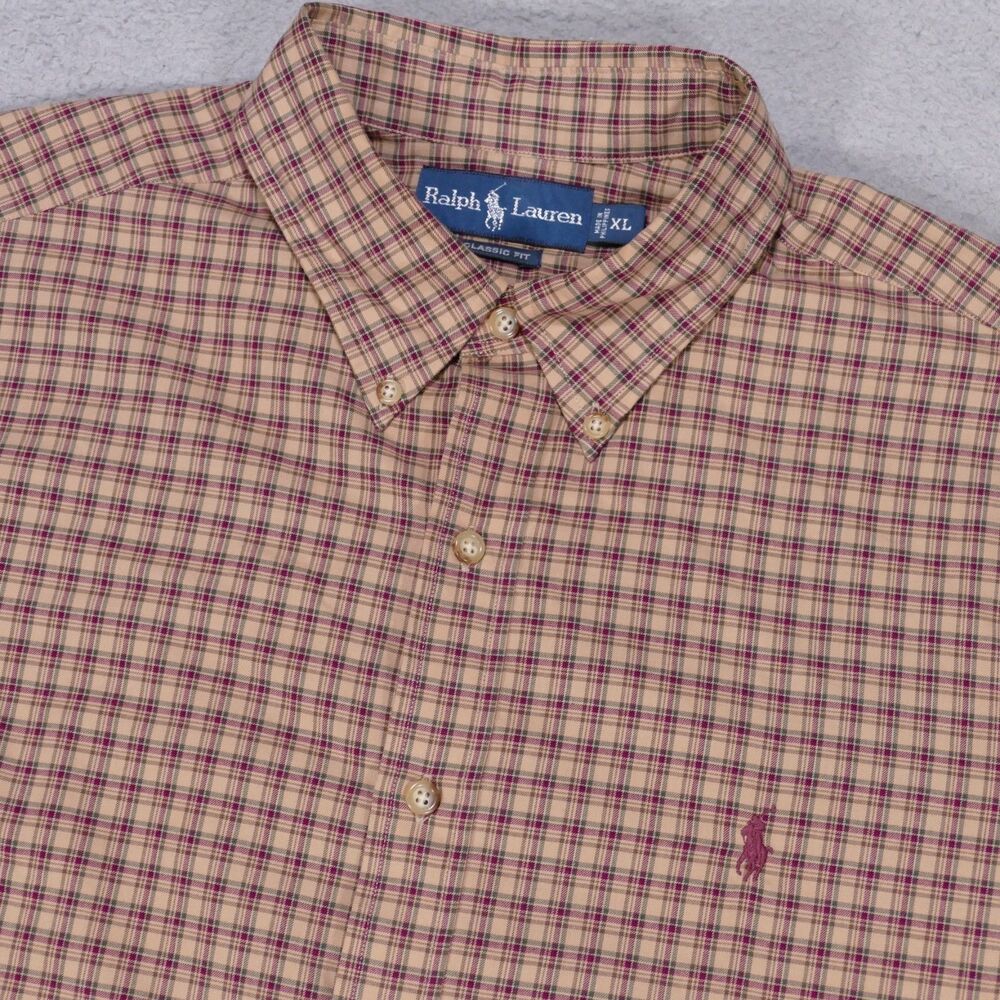 Polo Ralph Lauren Shirt Mens XL Classic Fit Beige Red Button Down Long Sleeve